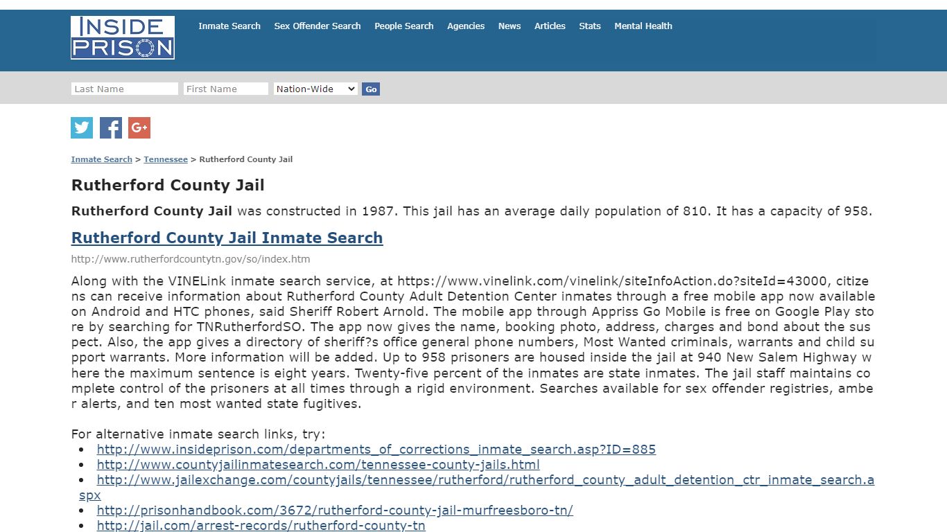 Rutherford County Jail - Tennessee - Inmate Search - Inside Prison